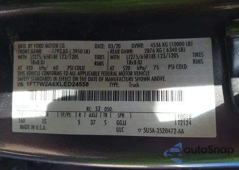 2020 Ford F-250 Xl из США, поврежденный, VIN 1FT7W2A6XLED24558